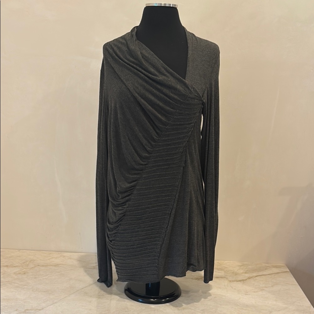 Bailey 44 dark gray long sleeve draped top with pleats and layered front.